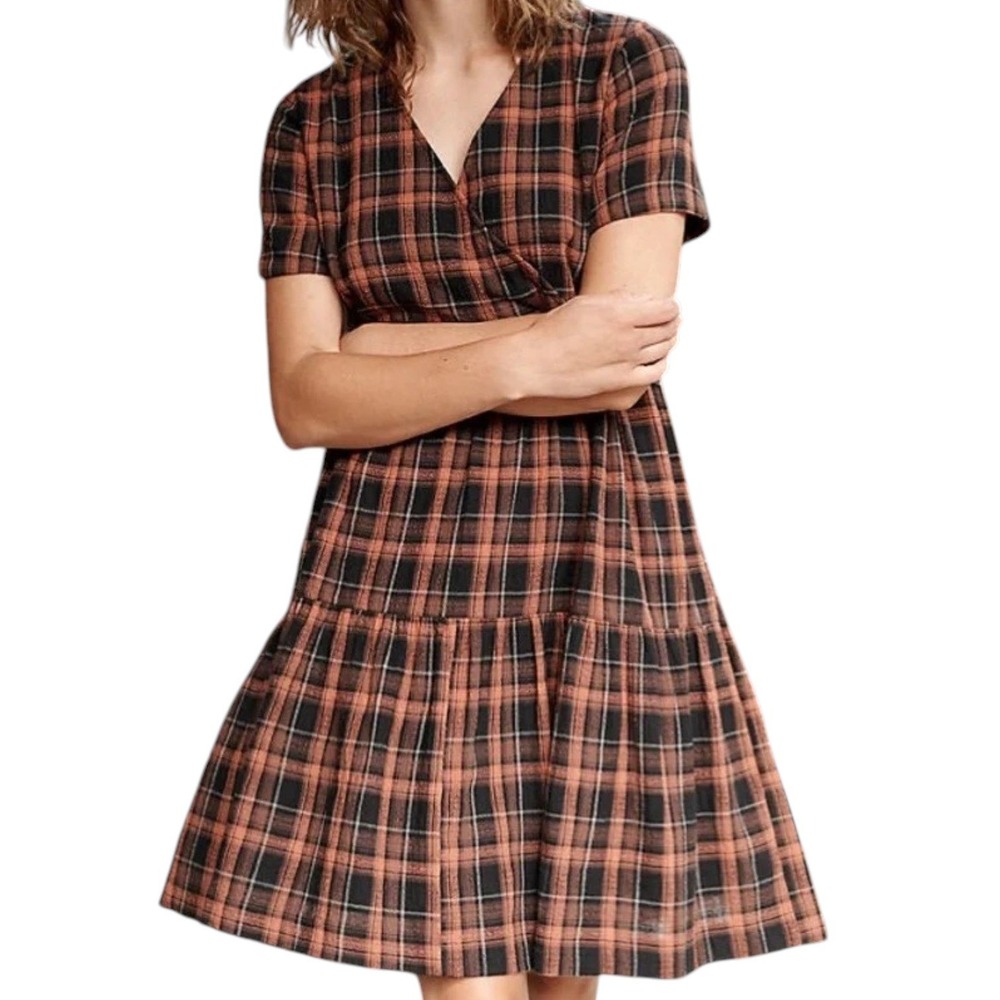 Madewell Faux-Wrap Short-Sleeve Tiered Mini Dress Women M Fuller Plaid Umber NEW